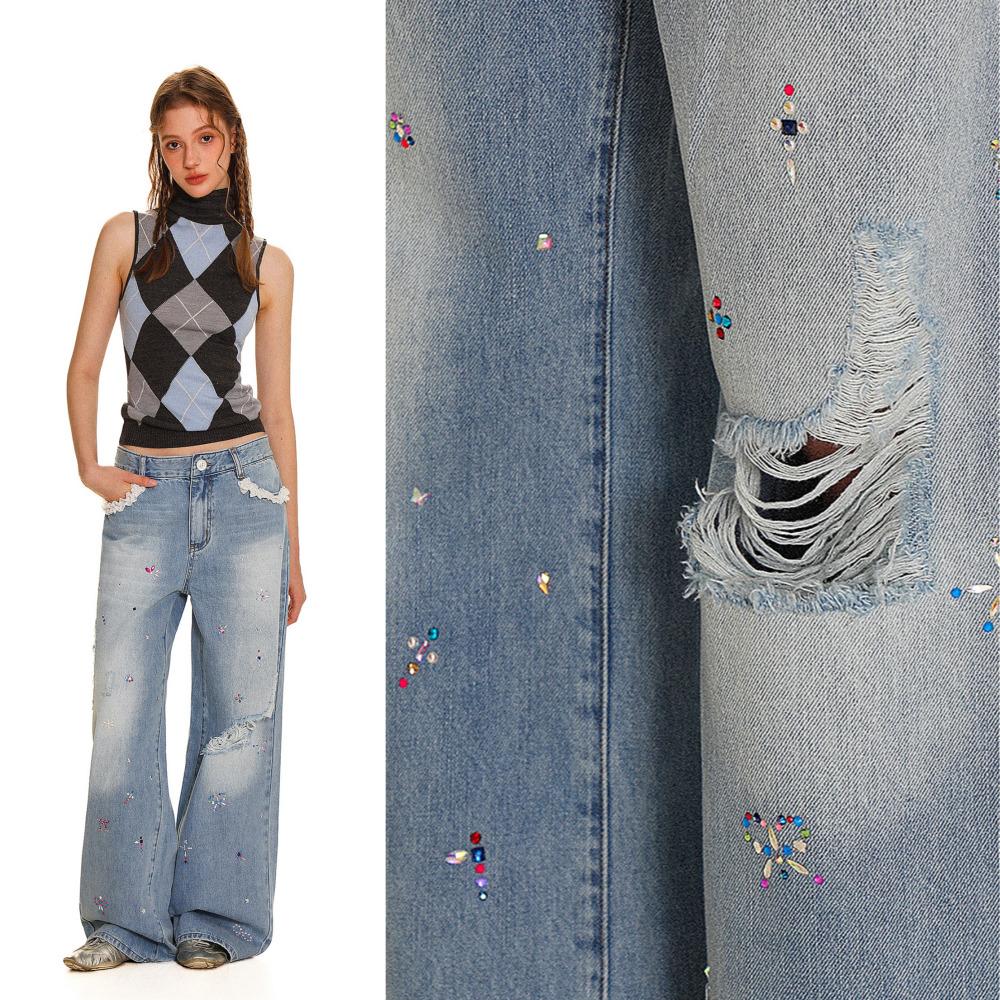 MOROMORO2 모로모로 와이드 청바지 일자핏 큐빅 데님