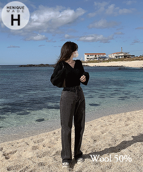 ♥자체제작/3천장돌파♥무드있게 여리핏 울50% 브이넥 랩 벌룬 소매 크롭 니트 (블랙/그레이/모카/소라/연베이지/애플민트)