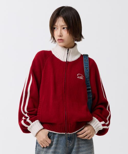 스포티 트랙 세미 크롭 니트 집업 - RED