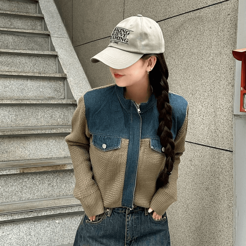 [4colors] 데님 배색 니트 자켓