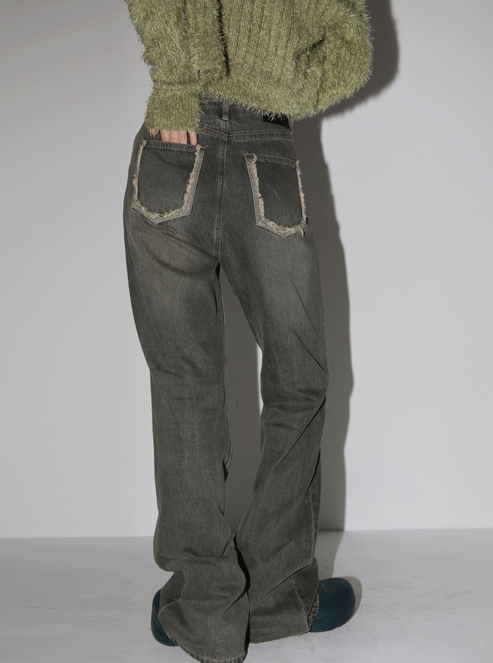 웨이스트 컷아웃 워싱 데님 팬츠