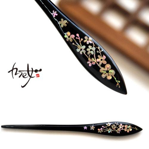 매화도 자개장 비녀 [매화꽃 천연 색패 자개 흑단나무 뒤꽂이 자개공예 oriental 비녀] - 5차재입고