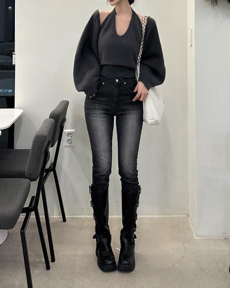 모토 흑청 일자 스키니진 1col 스판 하이웨스트 워싱 데일리 사계절 데님팬츠 스키니진