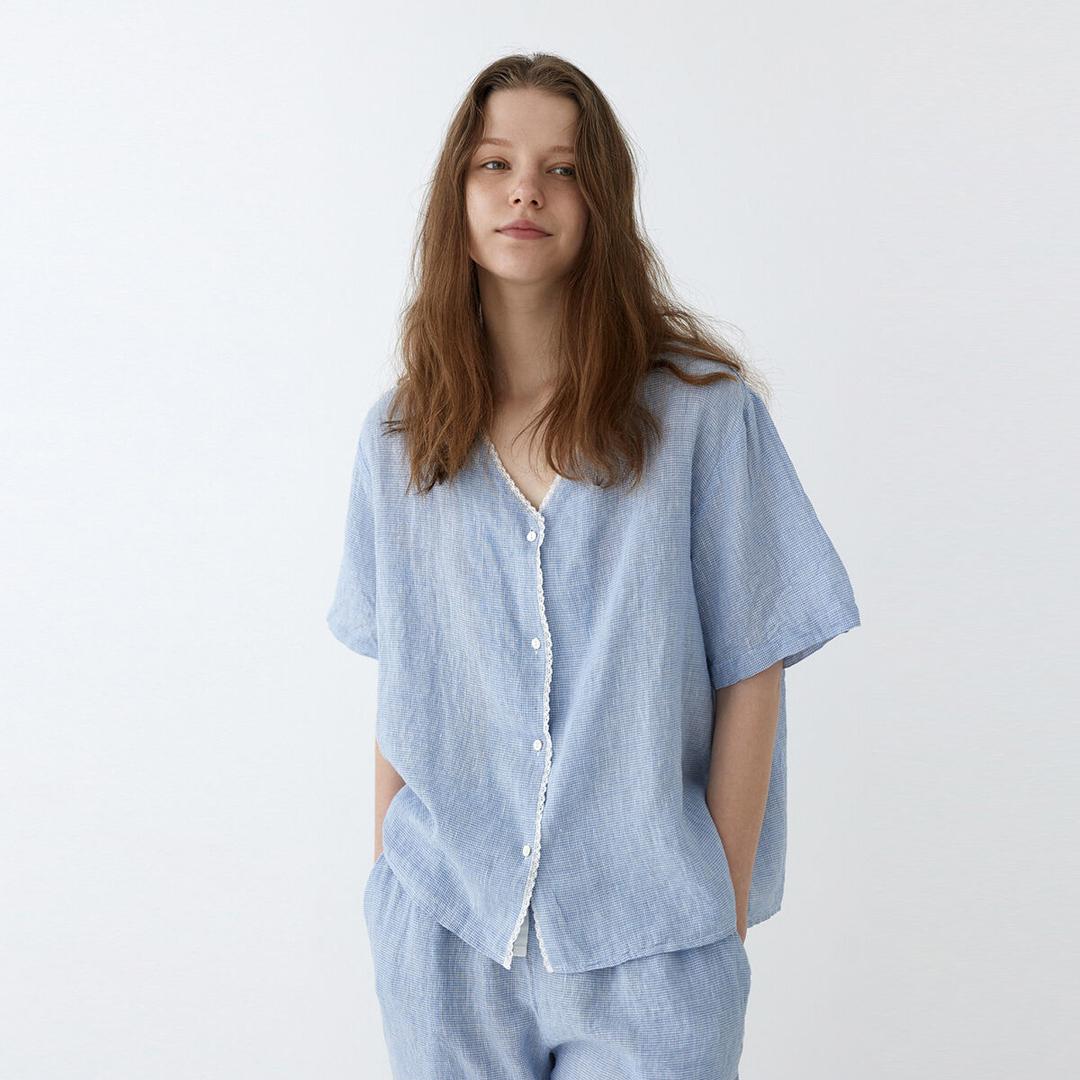 린넨 체크 여성 잠옷 세트 홈웨어