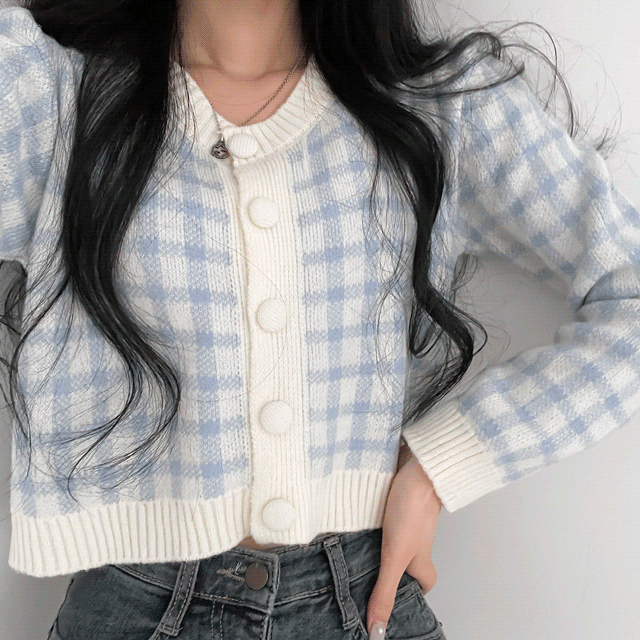 퐁퐁 단추 체크 가디건
