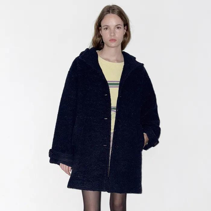 Loose-Fit Hoodie Wool Half Coat (Navy)