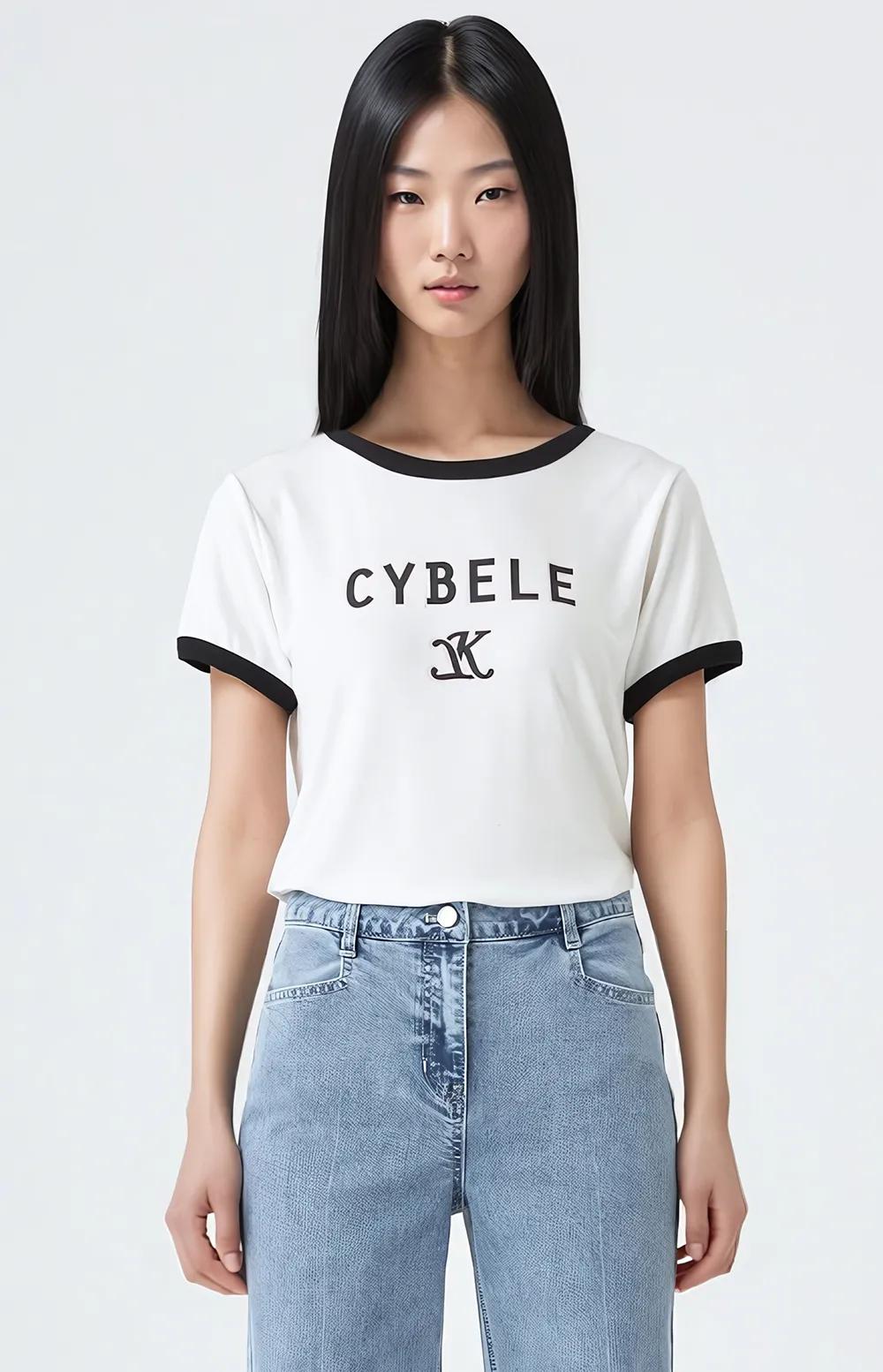 배색 프린트 티셔츠