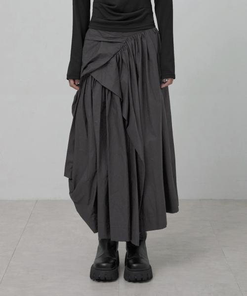 Asymmetrical Draped Layered Long Skirt (FL-256_Charcoal)