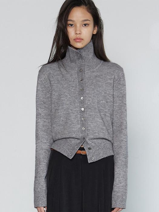 HIGH NECK BUTTON CARDIGAN MELANGE GRAY