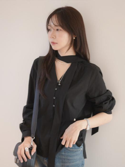[꼬민지PICK!] V-Neck Shirring Tie Blouse Black AT5BLF008BK