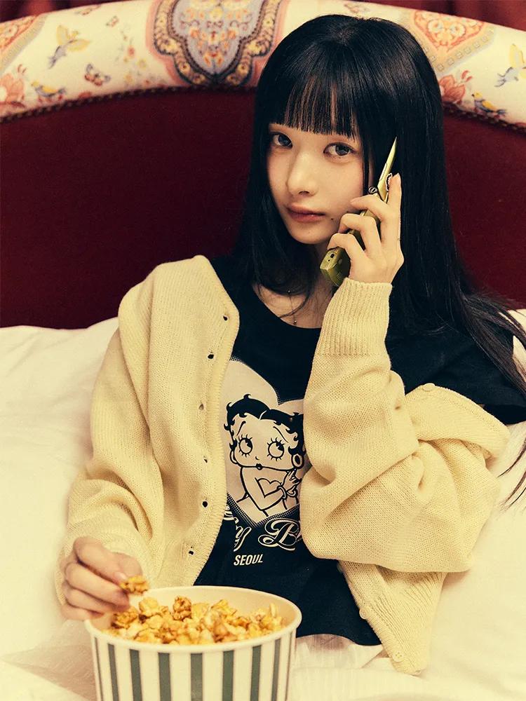 베티붑 래글런 브이넥 니트 가디건_옐로우