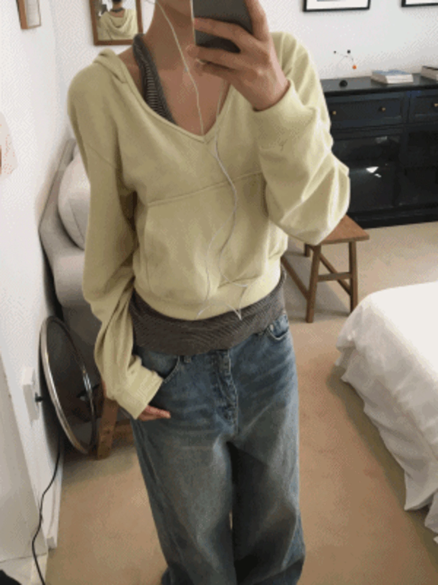 [색감보장/레이어드] 라임 브이넥 후드티 크롭후드 (3col)