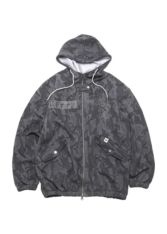 BERRY LUCKY DAY CAMO ZIP HOODIE DARK GRAY