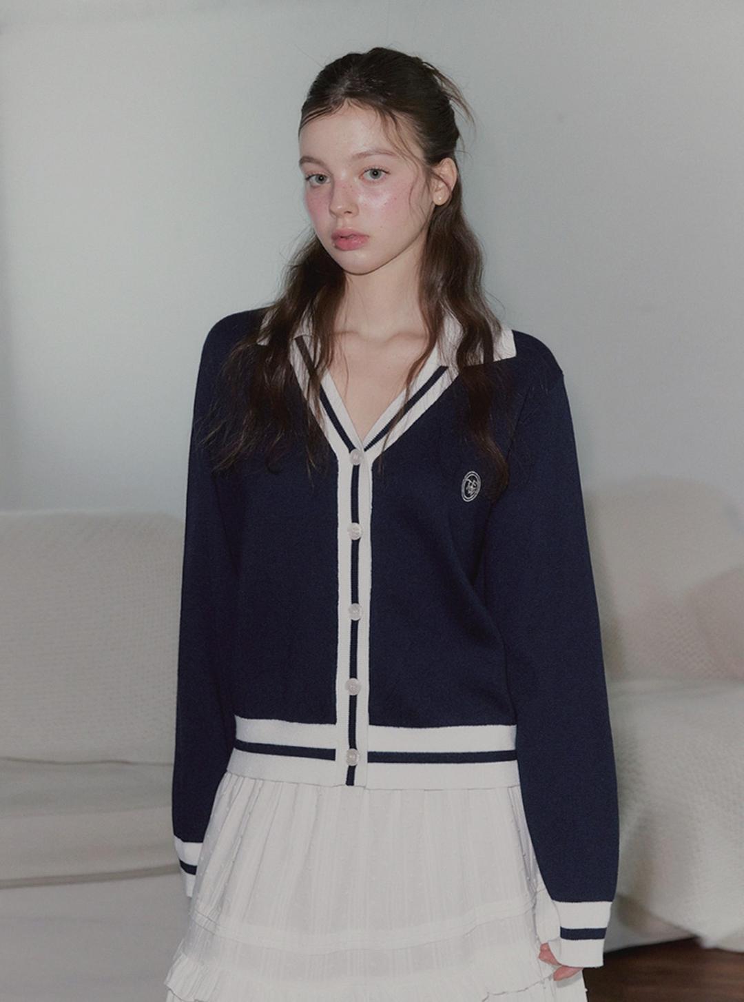 뷰렐 배색 카라 긴팔 가디건