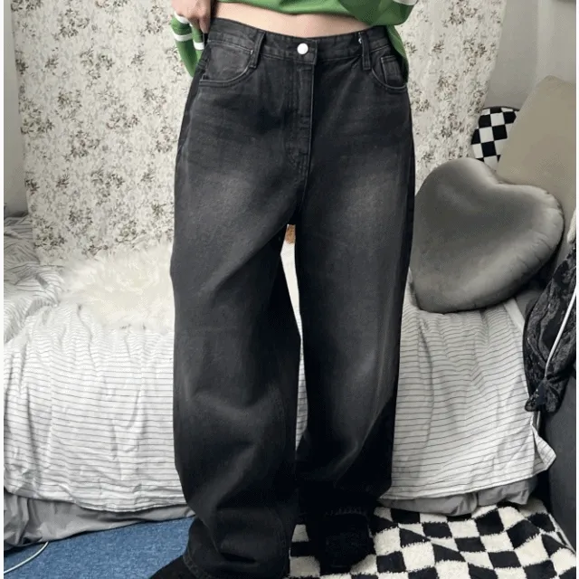 sand washing denim wide pants