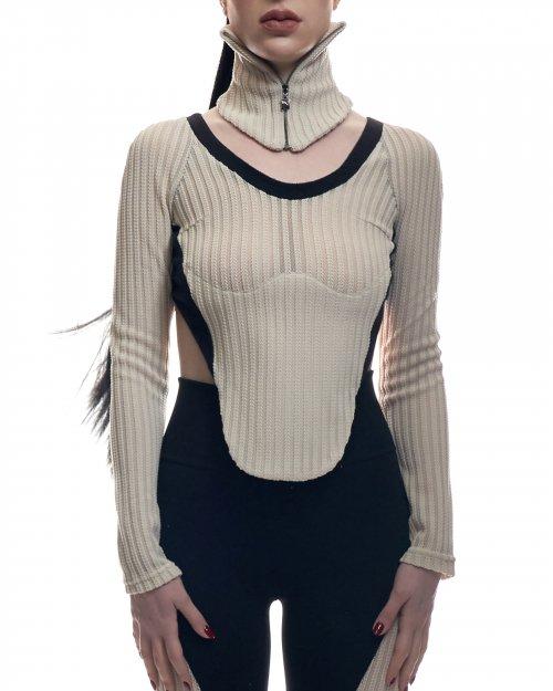 코르셋 메쉬 탑 & 넥워머 - 베이지