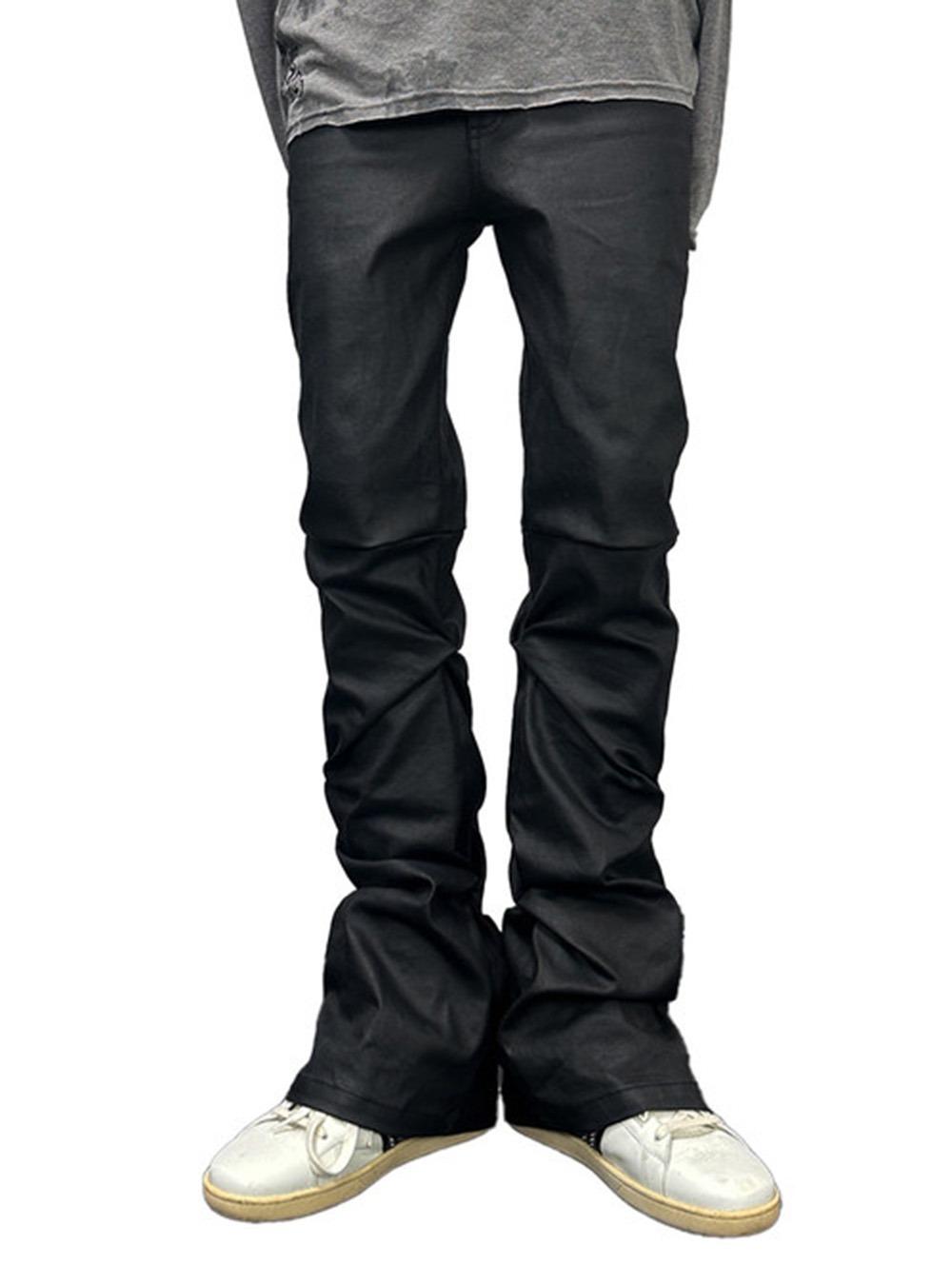 Slim Fit Pleated Waxed Flare Denim Pants