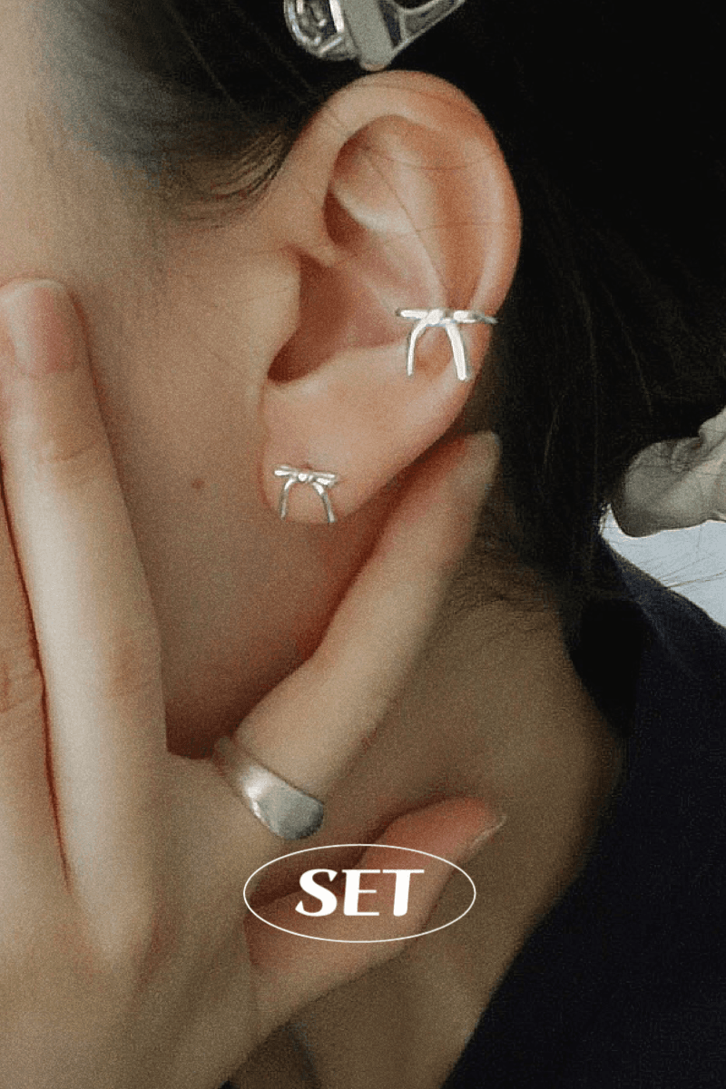 [SET] 925silver 디어 리본 이어커프 귀찌 (1ea) & 슬림 디어 리본 귀걸이 (2ea) 세트