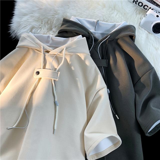 남녀공용 루즈핏 스트랩 버튼 반팔 후드 티셔츠 MD1007