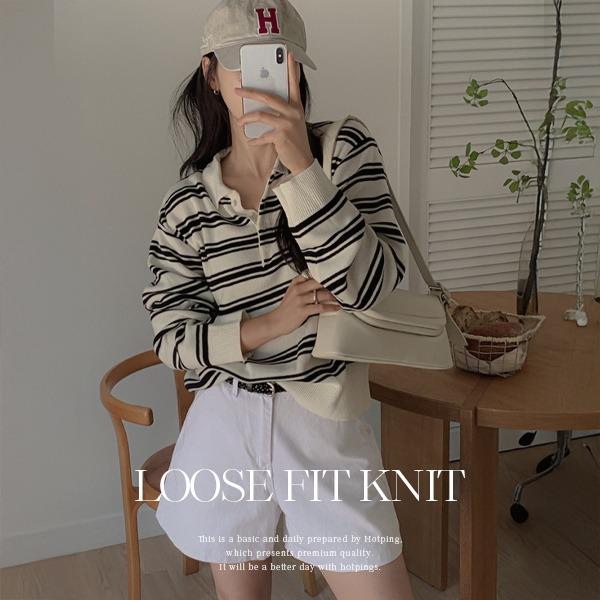 [여리무드/체형커버/간절기템] 루비나 루즈핏  배색 스트라이프 카라넥 긴팔니트티(44~88)(빅사이즈니트-데일리룩-데이트룩-캐주얼룩-오버핏-카라티-체형커버-카라넥-가로줄무늬-버튼니트티-카라니트-단가라니트-롱슬리브)