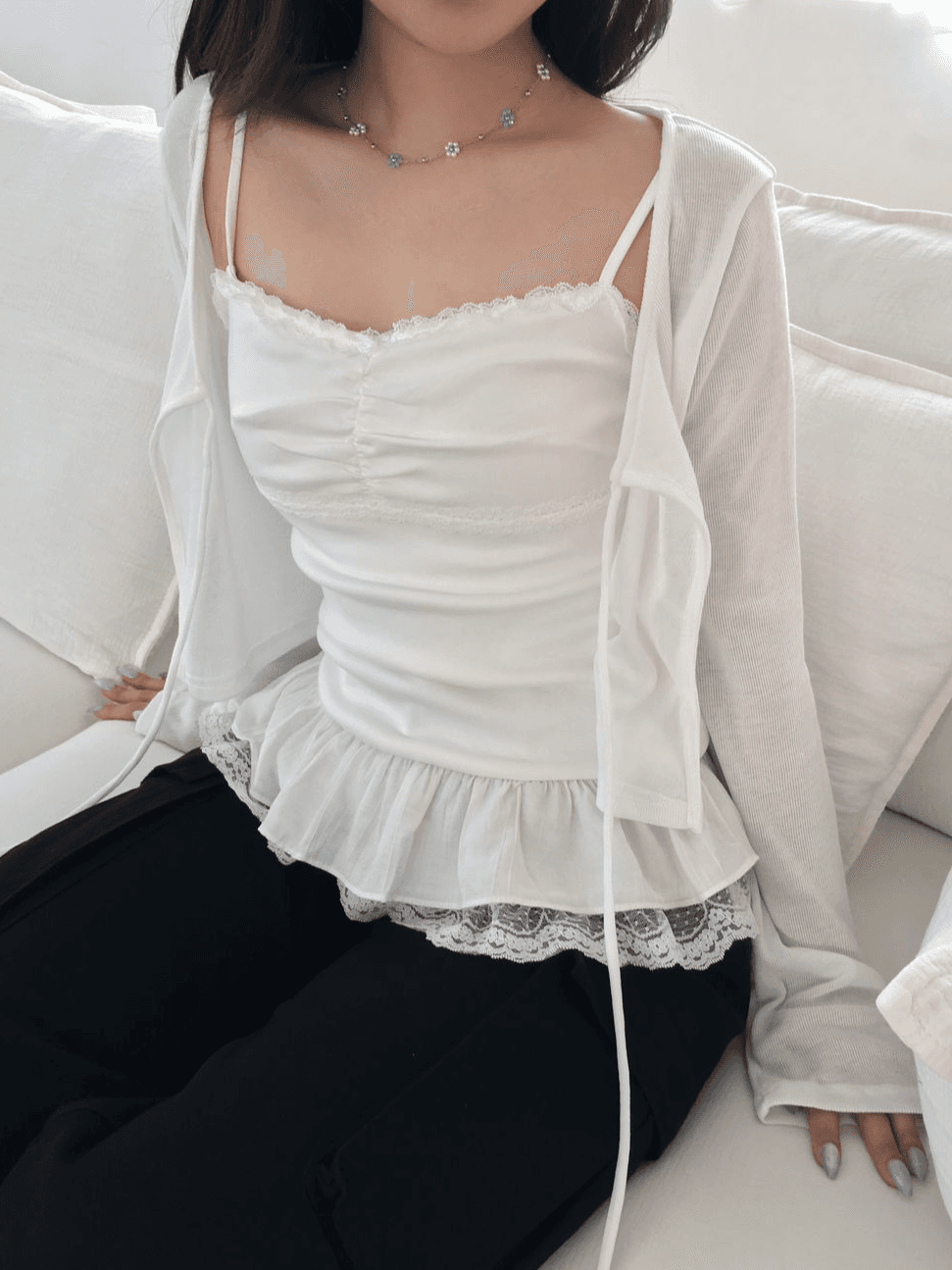 토다 [나시&가디건 set] 레이스 캉캉 포인트 나시 세트 (2color)