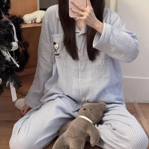 헬로키티 스카이 블루 스트라이프 긴팔 파자마