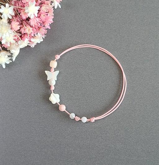 핑크문'핑크오팔&순백자개나비&자개꽃&문스톤 매듭 실팔찌