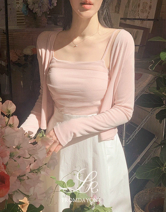 Made)토슈즈 샤 레이스 나시 가디건SET(발렛무드/셔링/긴팔/여리핏/세미크롭/데일리룩/데이트룩/청순룩/여친룩/봄)