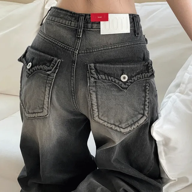 (OOTJ)린지 포켓 와이드 데미지 롱 블랙 데님 팬츠 one color/2 Size