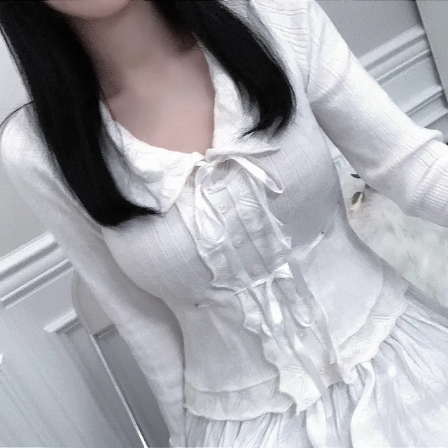 *당일발송* [공주메이커] 슈크림 리본 프릴 레이스 카라 니트 긴팔 - t