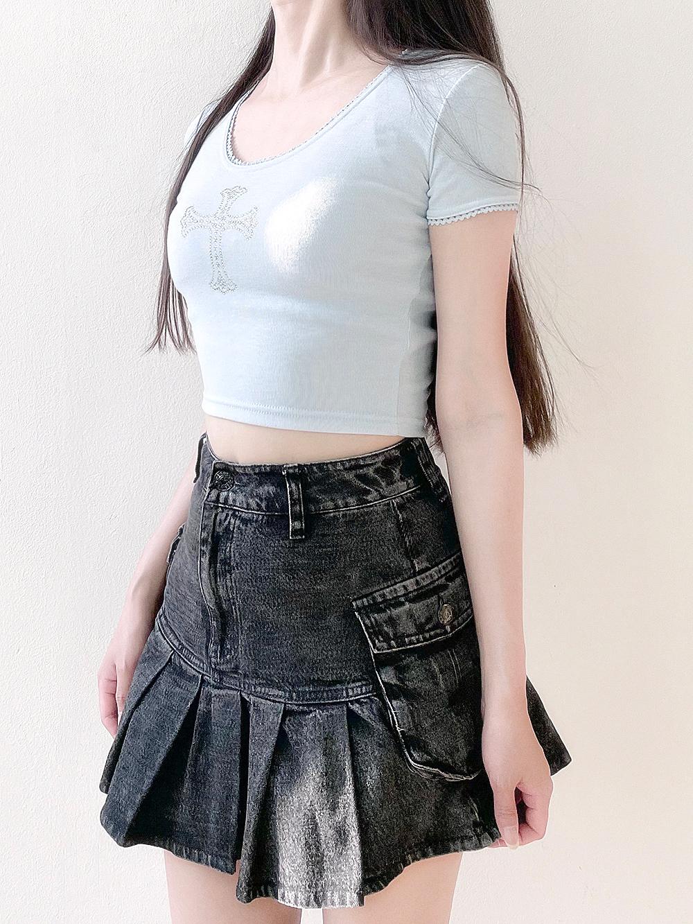 Sparkling Cubic Lace Crop T-Shirt (Sky Blue)