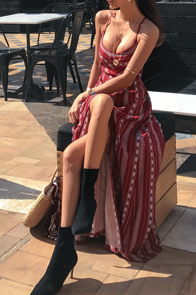 [자체제작] 와인 에스닉 맥시원피스