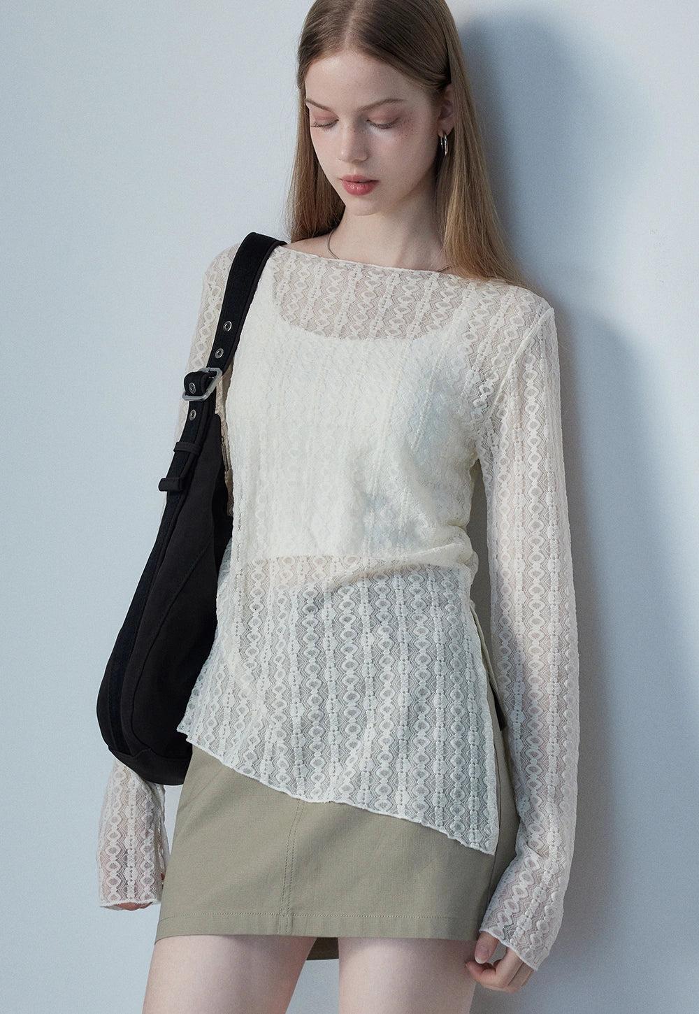 여성용 긴팔 레이스 탑