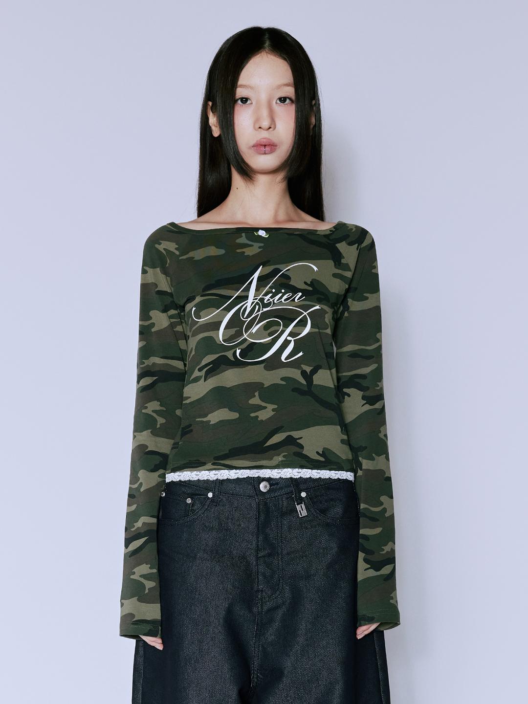 LACE OFF SHOULDER L/S TEE_CAMO