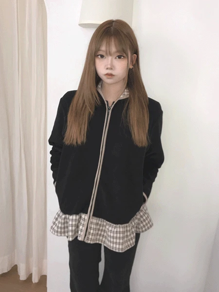 CHECK FRILL FLEECE ZIP-UP (2color)
