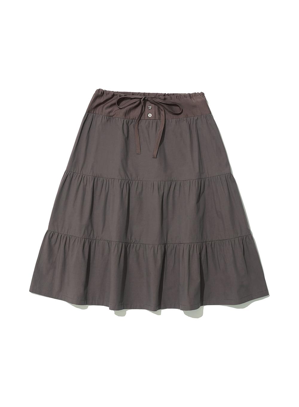 [WOMEN] TIERED SHIRRING MIDI SKIRT_CHARCOAL