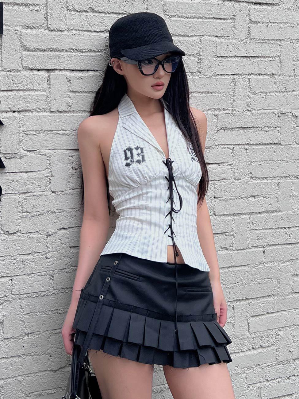 [HYTE MOLY] Layered Pleat Belt Low-Rise Skirt