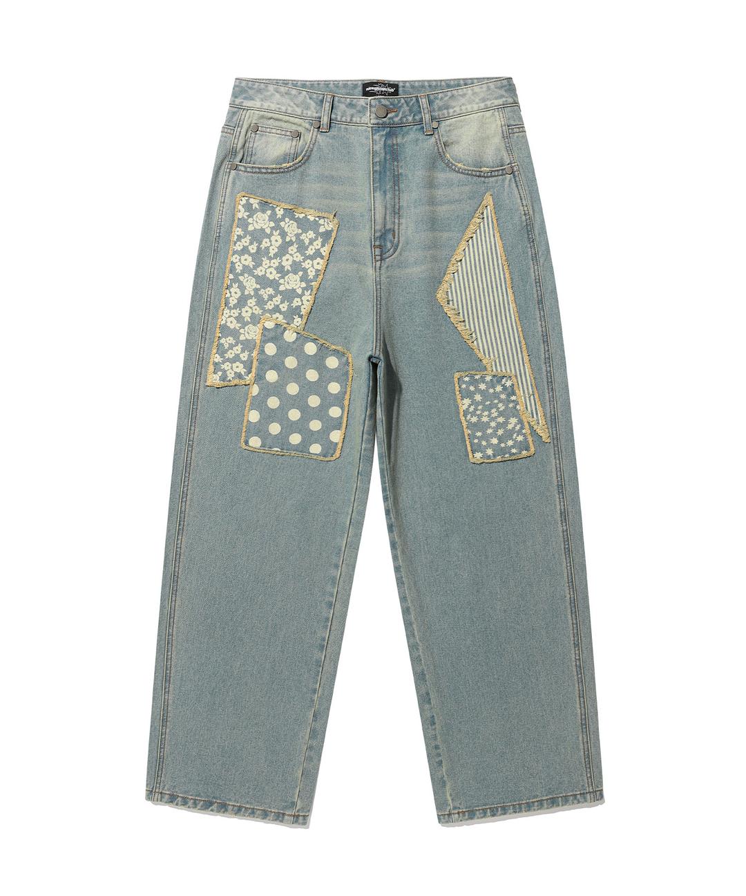 PATTERN PATCHWORK WIDE DENIM PANTS[BLUE]