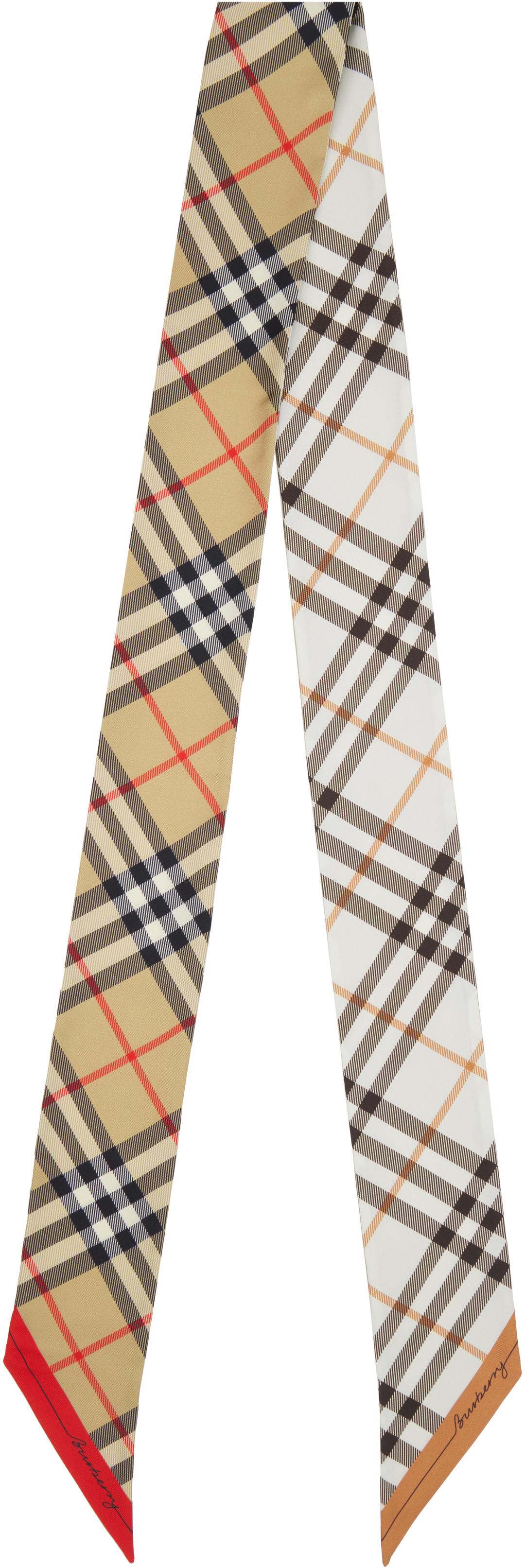 Beige & Off-White Skinny Contrast Check Silk Scarf