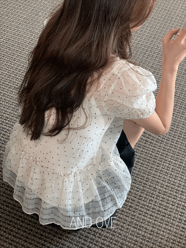 앤드오브 [빠른출고★/나시set/하객룩💙/여름블라우스] 요나 퍼프 프릴 도트 시스루 반팔 블라우스