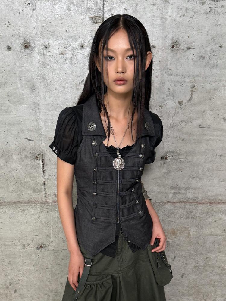 Double Punch V-neck retro metal lapel sleeveless