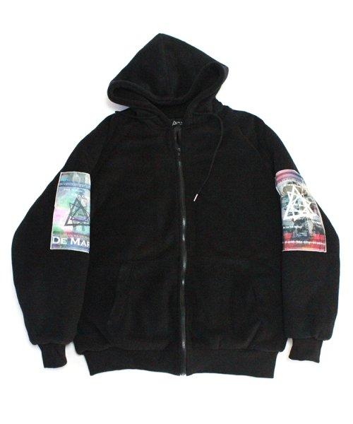 오버핏 배색 그래픽 플리스 패딩 후드  올블랙 ver2.