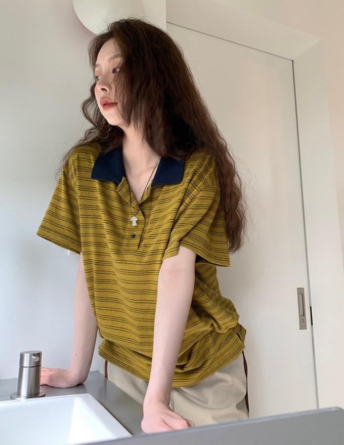 Hellooo Eat 스트라이프 카라 반팔 티셔츠 (2color)