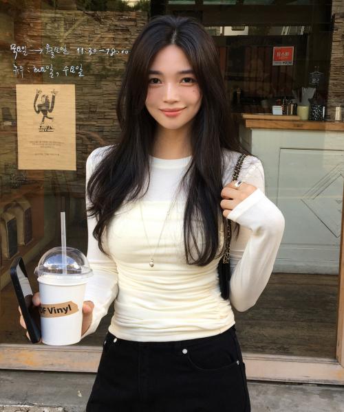 튜브탑 셔링 레이어드 티셔츠 크림 MDTS083CREAM