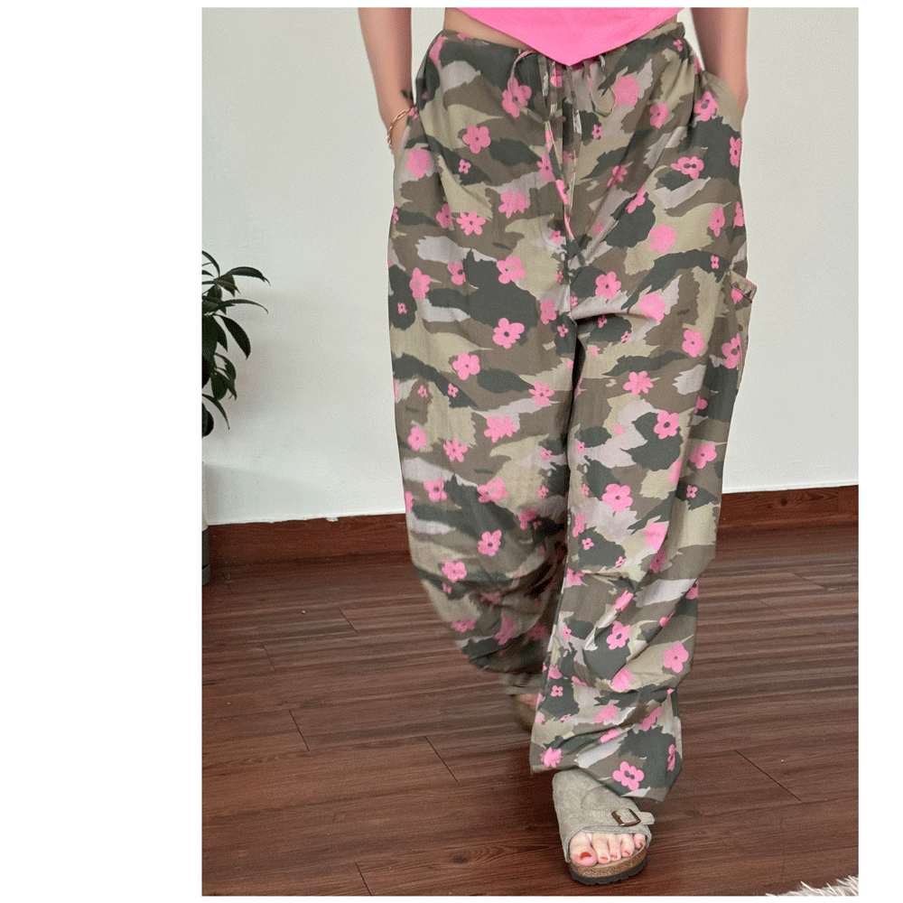 빅사이즈 카모플라쥬 플라워 꽃무늬 나일론 바스락 바지 파라슈트 스트링 조거 와이드 팬츠