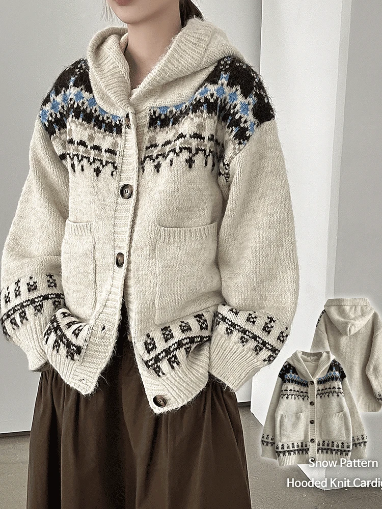 당일출고🚀주문폭주[한겨울까지/wool❄] 후드 노르딕 스노우 패턴 단추 포켓 루즈핏 니트 가디건