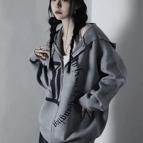 [unisex] lettering knit zip-up
