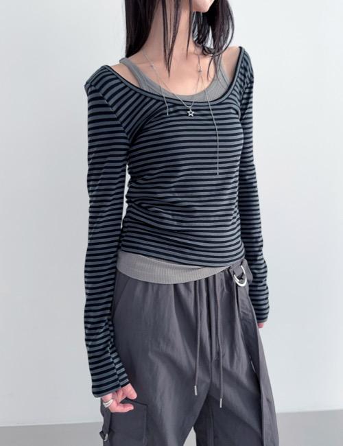 로웨어 mini stripe deep u-neck tee