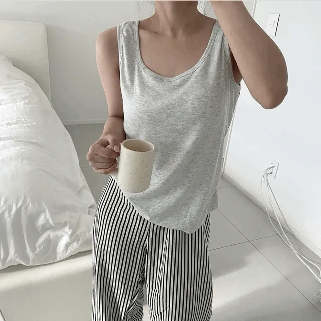 [캡내장/추천]이지 나시+스트라이프 바지 잠옷 홈웨어 투피스 세트