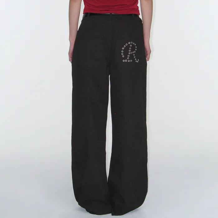 Eyelet R Pocket Curved Pants - Black